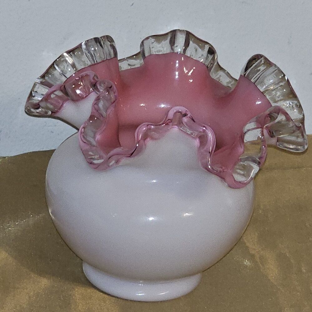 Vintage FENTON Cased Milk Glass Silver Crest White Rose Bowl Pink Ruffled